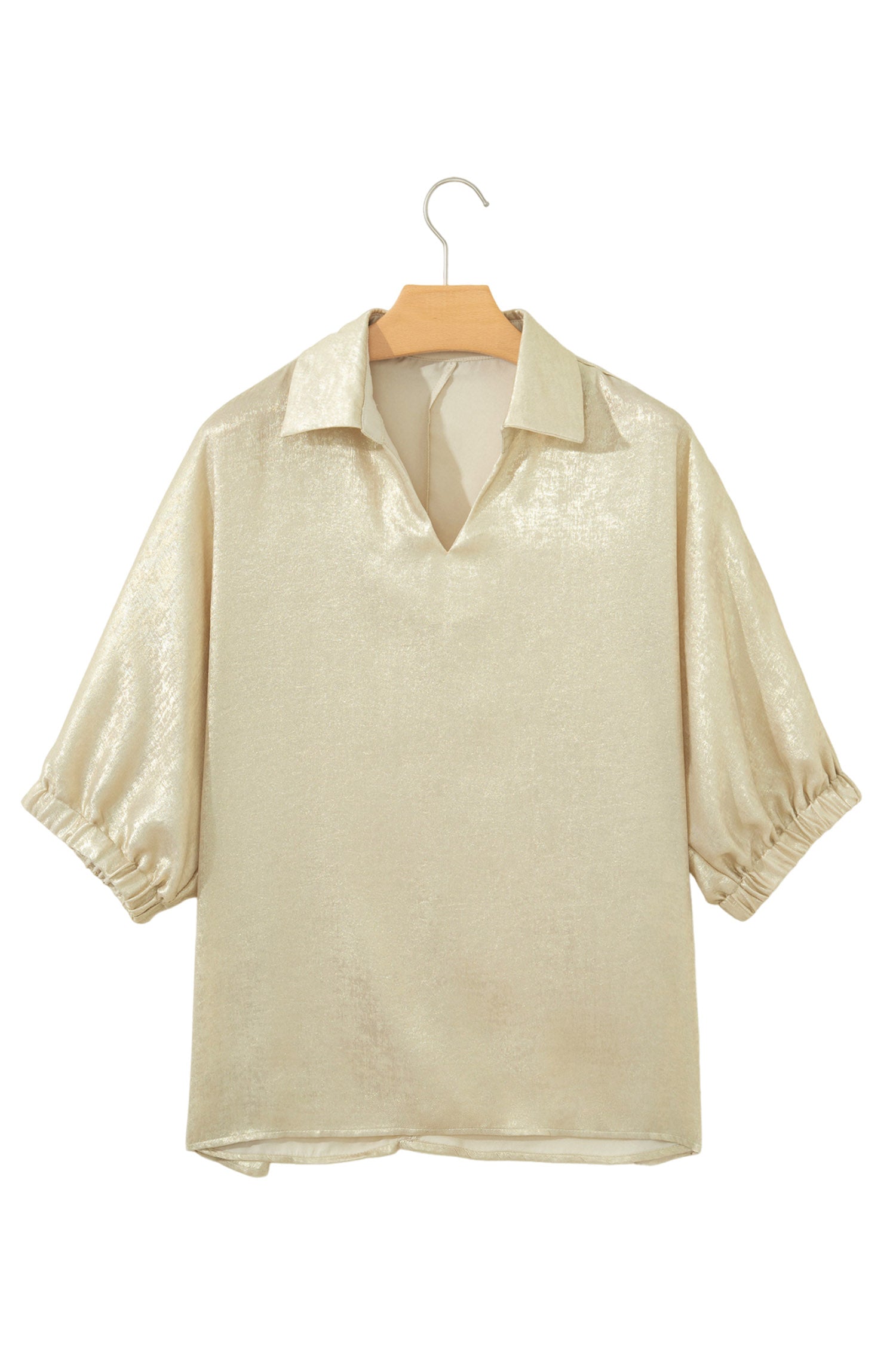 Collared V Neck Half Sleeve Metallic Top