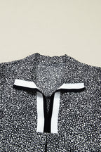 Black Leopard Print Contrast Striped Trim Polo Collar Short Sleeve Dress with Pockets