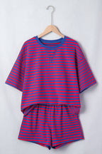 Navy Stripe Striped Ribbed Cotton Two-Piece Short Set with Chest Patch Detail