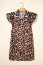 Khaki Leopard Print Lace Trim Shirt Collar Button Down Loose Mini Dress