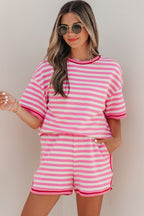 Pink Stripe Contrast Trim Short Sleeve Top Loose Shorts 2pcs Casual Outfit