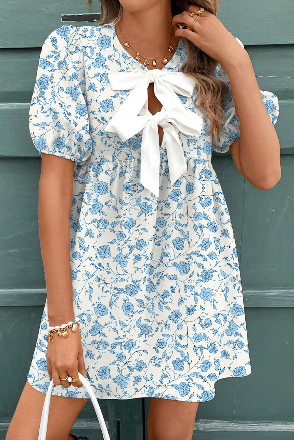 Blue Leopard Contrast Bow Puff Sleeve Mini Dress