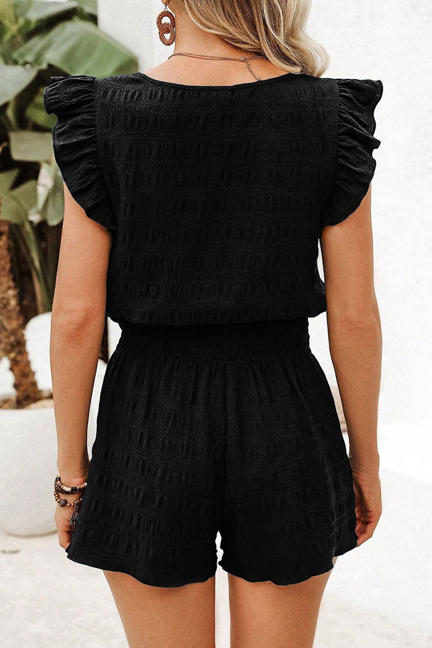 Textured Square Neck Top and Shirred High Waist Shorts Set