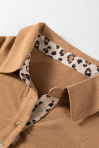 Contrast Leopard Print Patchwork Polo Collar Buttons Front Ruffled Long Sleeve Blouse