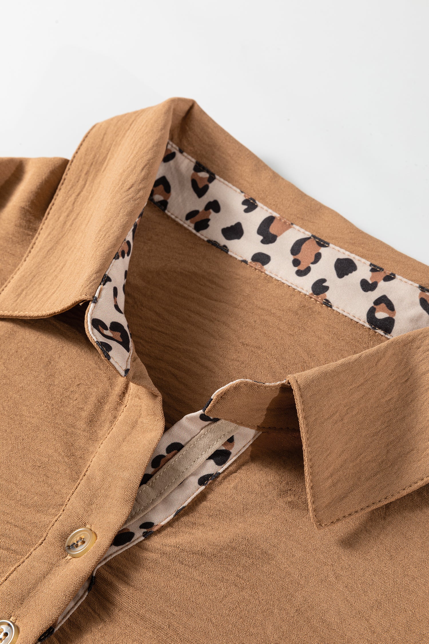Contrast Leopard Print Patchwork Polo Collar Buttons Front Ruffled Long Sleeve Blouse