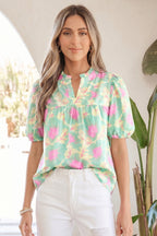 Short Bubble Sleeve Summer Floral Blouse