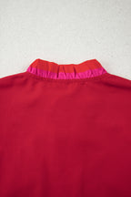 Fiery Red Striped Frilled Collar Ruffled Short Sleeve Blouse