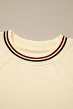 Beige Contrast Varsity Striped Neckline Cuffed Short Sleeve Loose Tunic Top