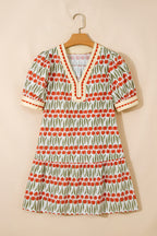 White Tulip Floral Print Cotton Puff Short Sleeve Mini Dress