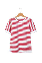 Red Stripe Contrast Trim Round Neck Short Puff Sleeve T Shirt