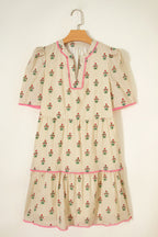 Apricot Striped Floral Print Contrast Detail Ruffle Hem Short Dress
