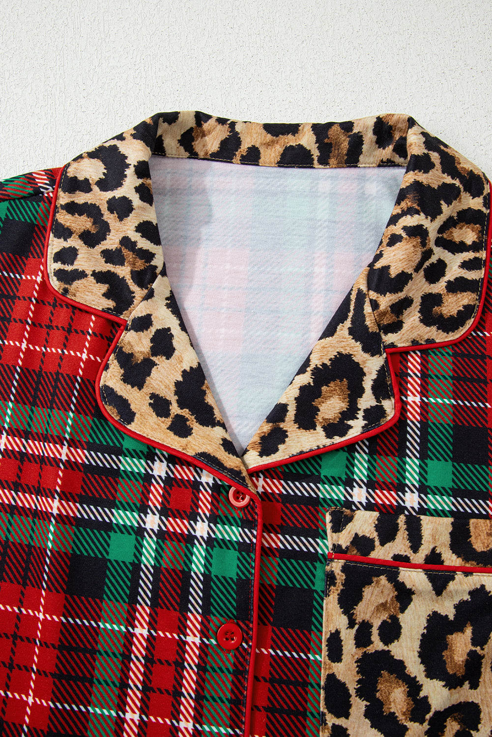 Racing Red Retro Plaid Leopard Print Patchwork Long Sleeve Shorts Pyjama Set