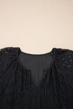 Black Floral Lace Overlay Tassel Tie Short Sleeve Beach Vacation Loose Maxi Dress
