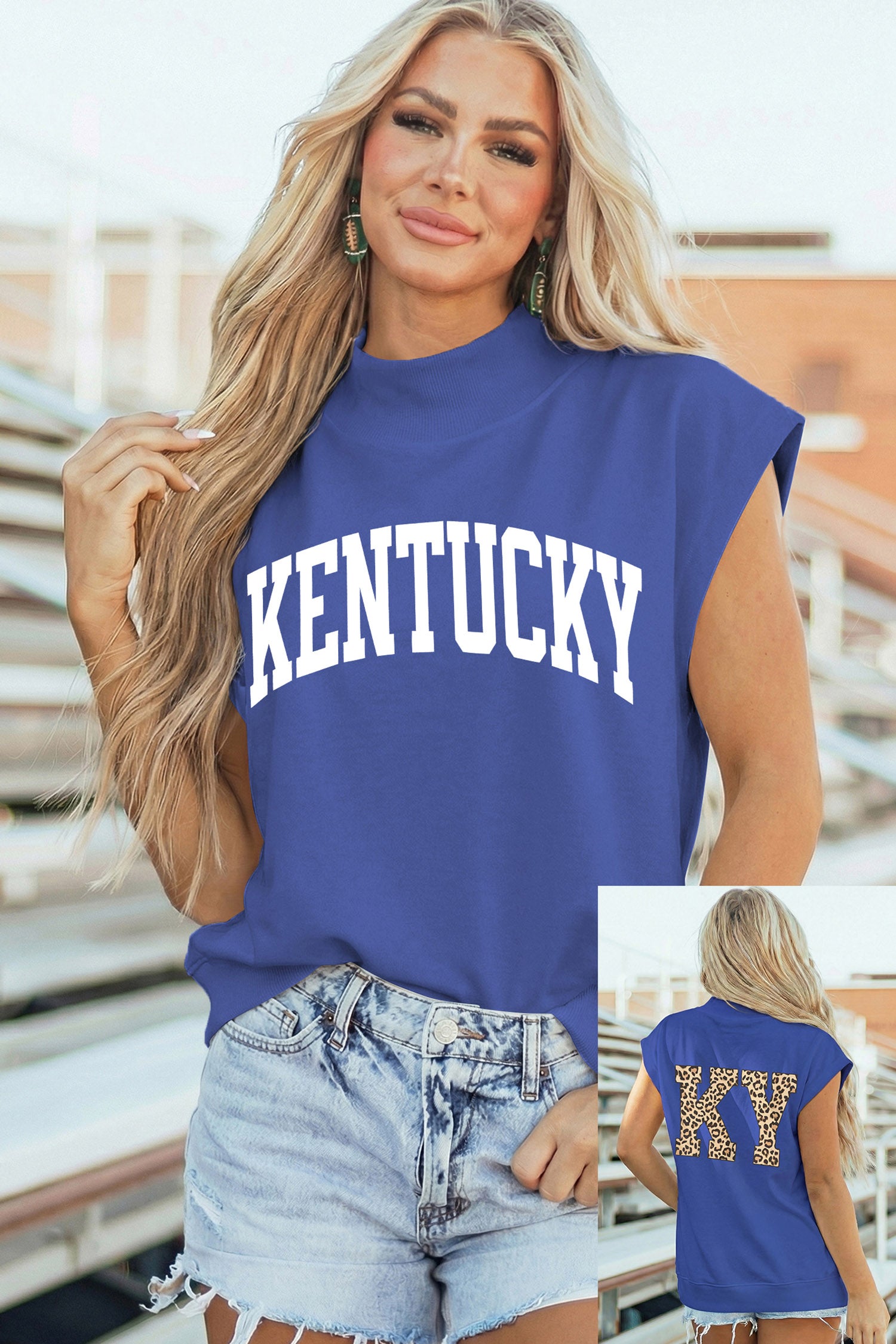 Sky Blue KENTUCKY Leopard KY Double Side Printed Mock Neck Tee