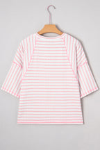 Striped Plus Size Textured Patchwork Detail Half Sleeve Top