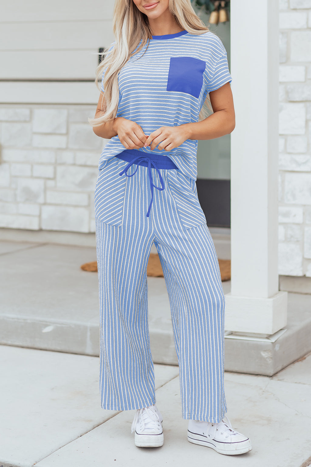 Striped Crew Neck Tee Drawstring Waist Cropped Pants Set