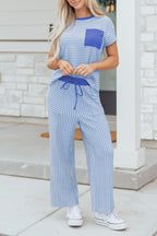 Striped Crew Neck Tee Drawstring Waist Cropped Pants Set