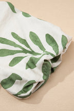 Green Leaf Print Short Balloon Sleeve Shirt
