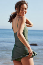 Side Tied Waist Square Neck Adjustable Straps A-line One Piece Swim Dress