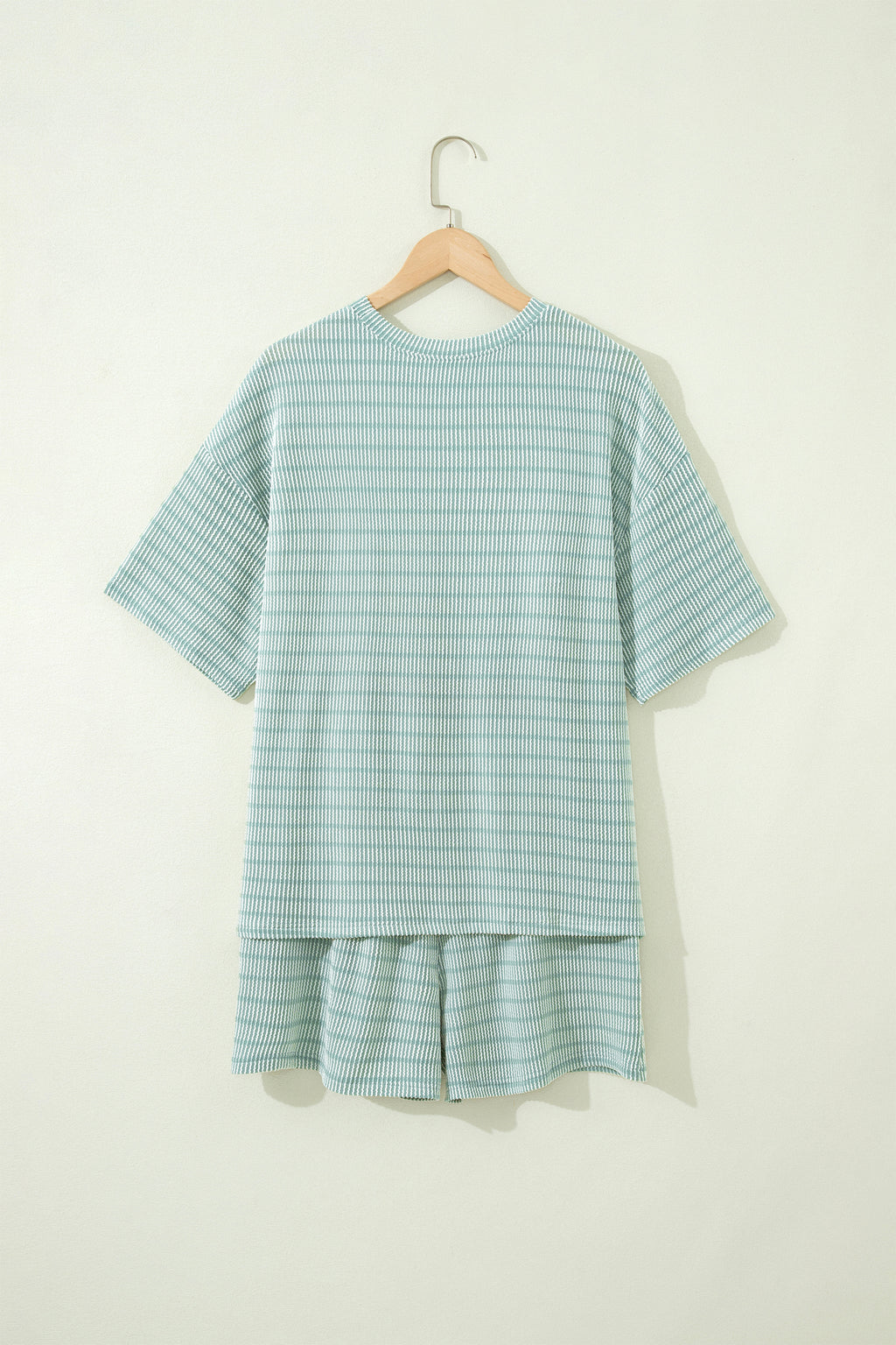 Striped Raised Rib Loose Tee Drawstring Elastic Waist 2pcs Short Set
