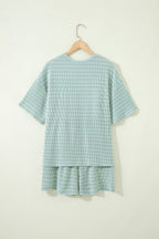 Striped Raised Rib Loose Tee Drawstring Elastic Waist 2pcs Short Set