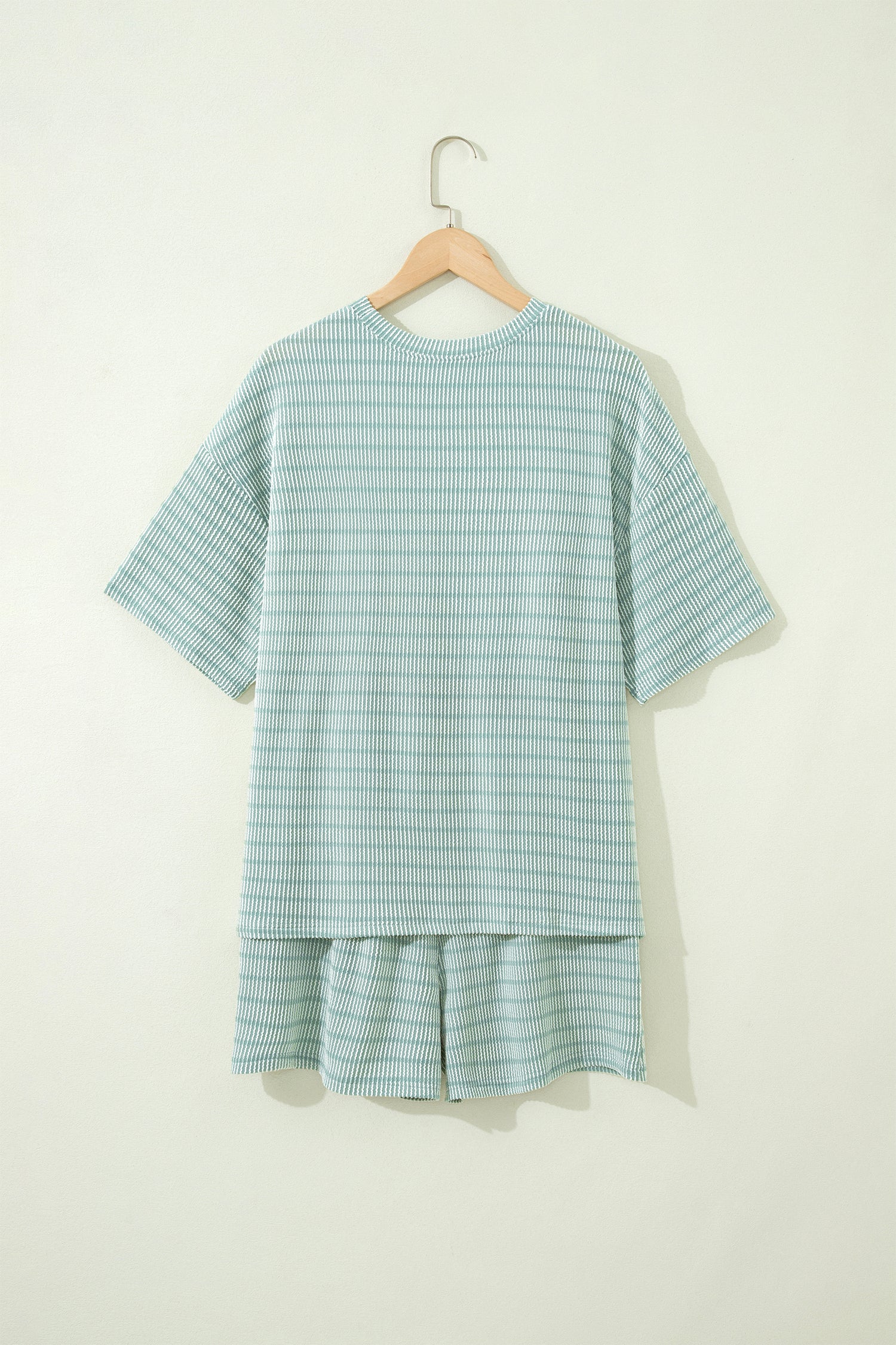 Striped Raised Rib Loose Tee Drawstring Elastic Waist 2pcs Short Set