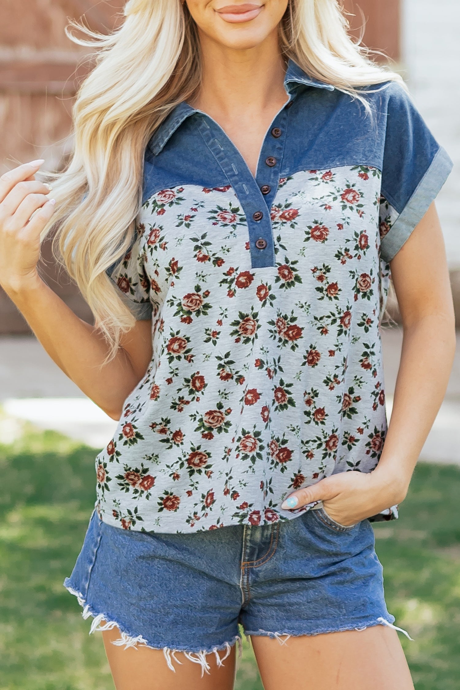 Grey Retro Floral Print Denim Patchwork Buttoned Polo Collar Top