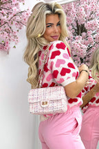 Sachet Pink 2-tone Heart Print Valentine Crew Neck Short Sleeve Sweater