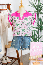 Pink Striped Strawberry Printed Color Block Patchwork V Neck Flutter Sleeve Blouse