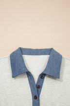 Light Grey Denim Color Block Patchwork Button Polo Collar T Shirt Tunic Dress