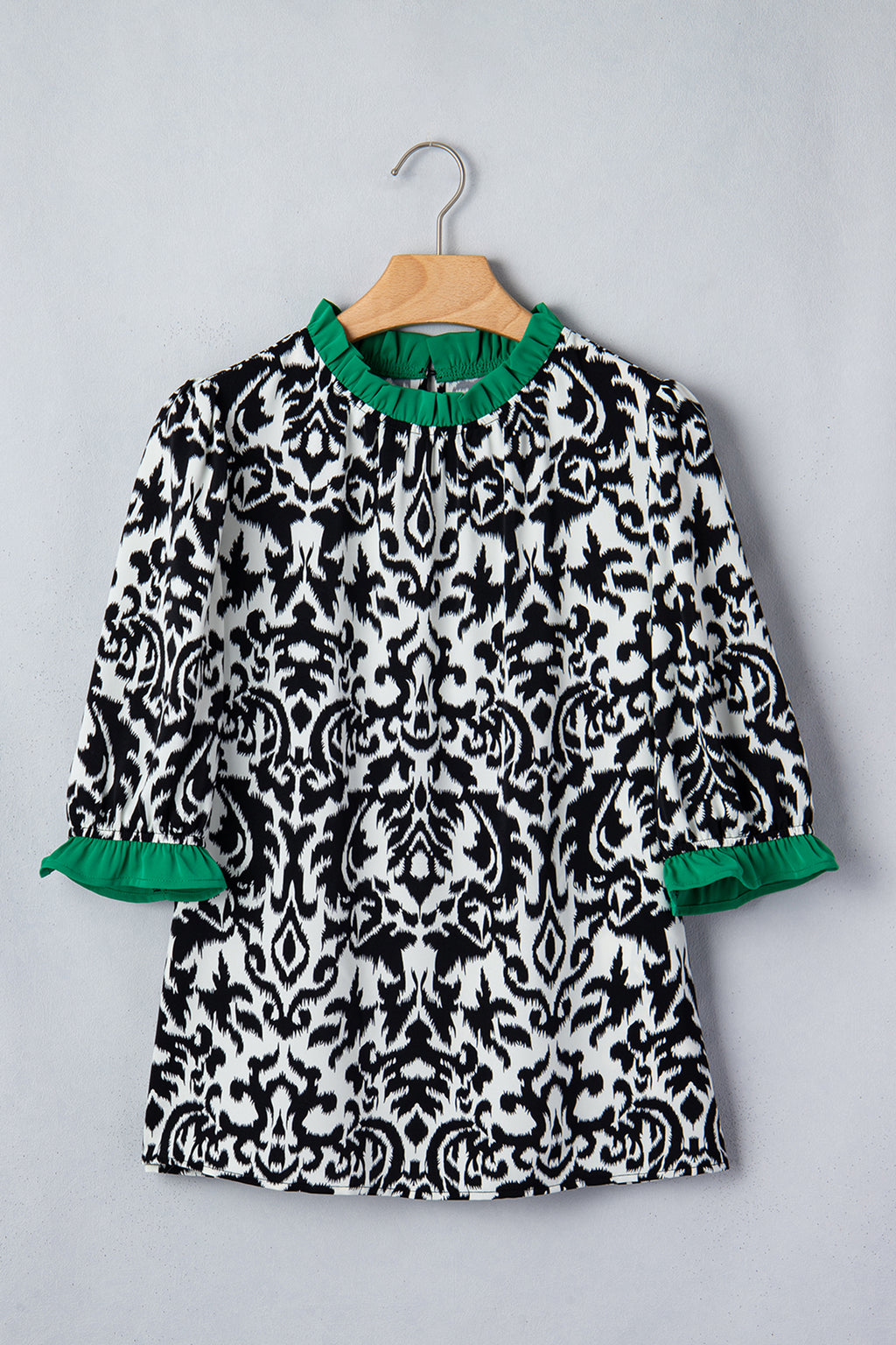 Damask Print Ruffled Colour Block Detail Half Sleeve Blouse