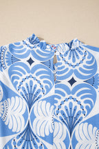 Sky Blue Tropical Botanic Print Flutter Sleeve Vacation Long Dress