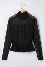Sheer Mesh Patchwork High Neck Long Sleeve Top