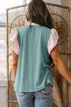 Plus Size Contrast Frilled Neckline Ruffled Short Sleeve Ribbed Textured Blouse