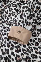 Multicolour Leopard Print Contrast Trim Button Split Neck Plus Long Sleeve Top