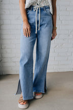 Myosotis Slit Leg High Rise Drawstring Casual Jeans