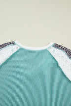 Green Bay Color Block Lace Leopard Patchwork Twisted Ribbed Tee