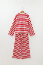Red Stripe Drop Shoulder Long Sleeve Top Lounge Pants 2pcs Set