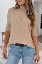 Beige High Neck Short Sleeve Knit Top Regular Wash Casual Style Sweater