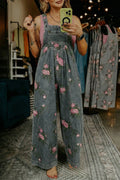 Floral Print Pleated High Waist Wide Leg Denim Jumpsuit