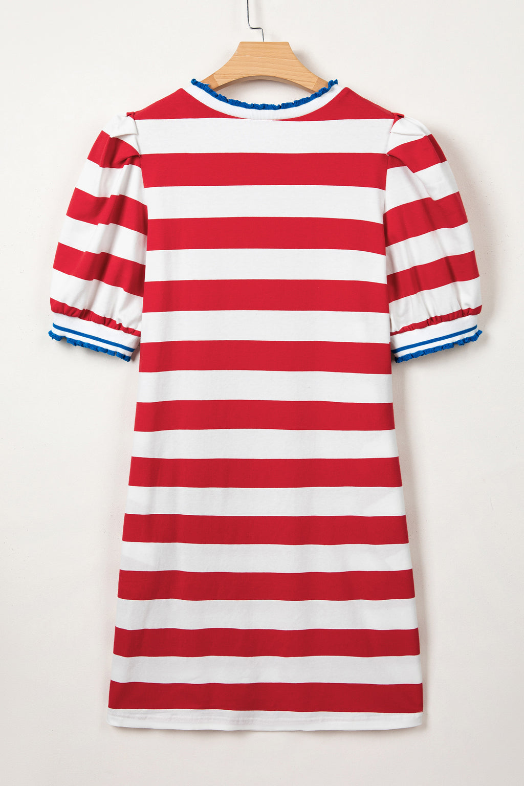 Striped Contrast Trim Round Neck Short Puff Sleeve Shift Mini Dress
