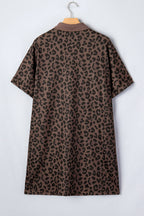 Brown Leopard Print Contrast Collar V-Neck Mini Dress