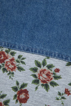 Grey Retro Floral Print Denim Patchwork Plus Size Polo Tee