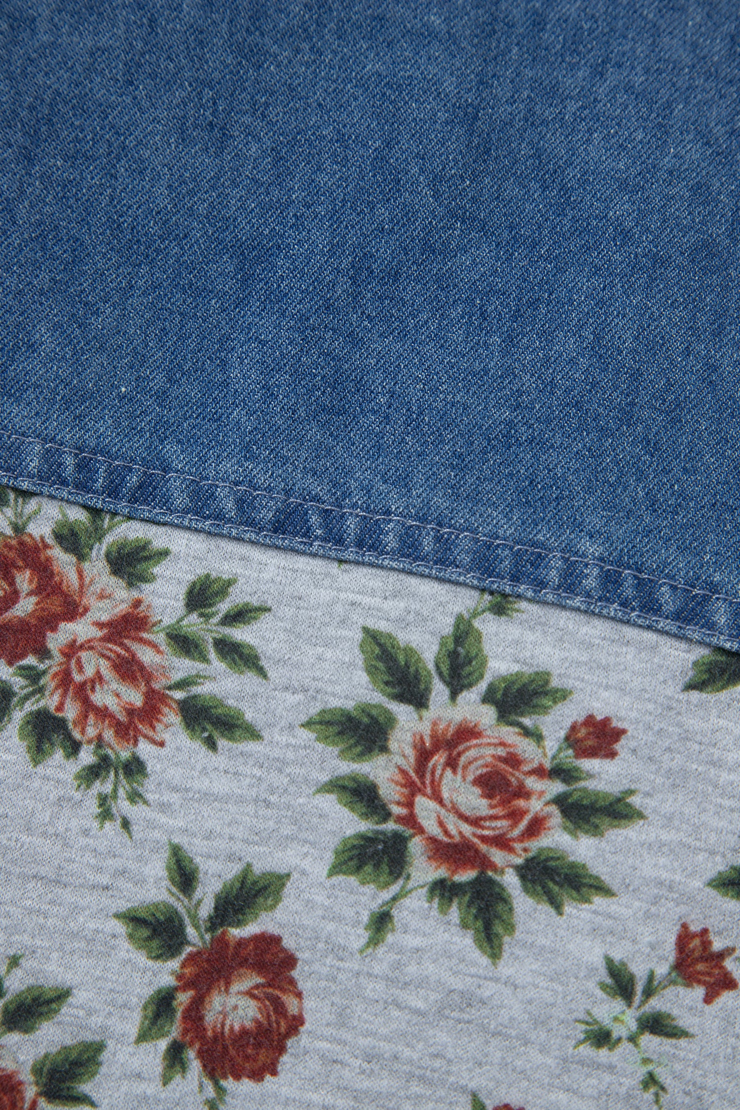 Grey Retro Floral Print Denim Patchwork Plus Size Polo Tee
