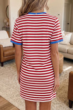 Striped Nautical Tie Contrast Trim Round Neck T Shirt Mini Dress