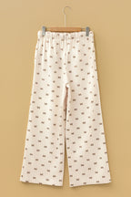 Apricot Bow Print Drawstring Elastic Waist Loose Corduroy Pants
