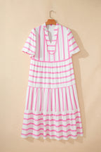 Pink Stripe Plus Size V Neck Short Puff Sleeve Tiered Maxi Dress