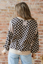 Khaki Mixed Checkered Pattern Patchwork High Low Casual Top