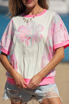 Beige Color Block Floral Patchwork Big Flower Accent Relaxed Top