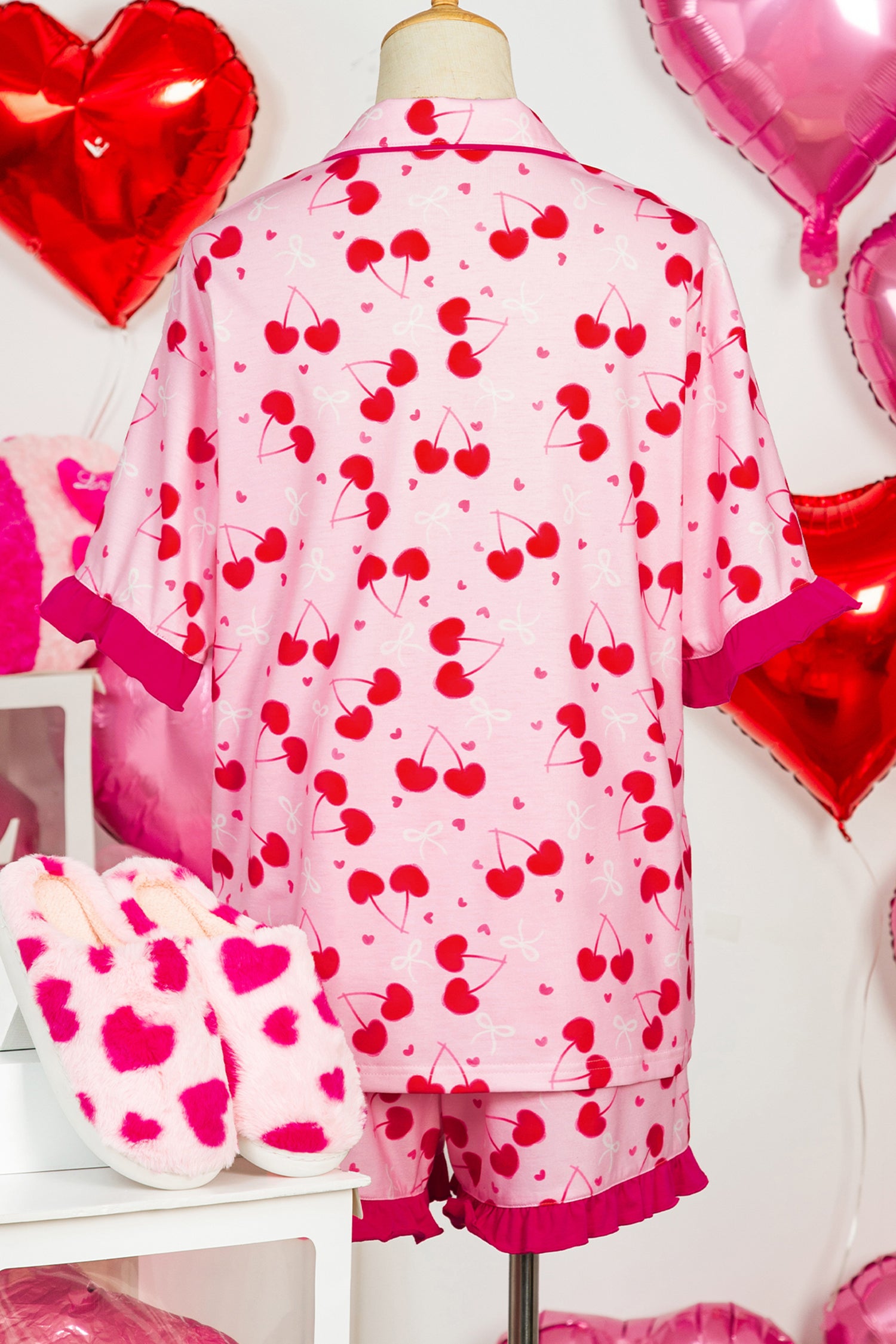 Rose Cherry Bow Mixed Print Scalloped Edge Short Pyjama Set